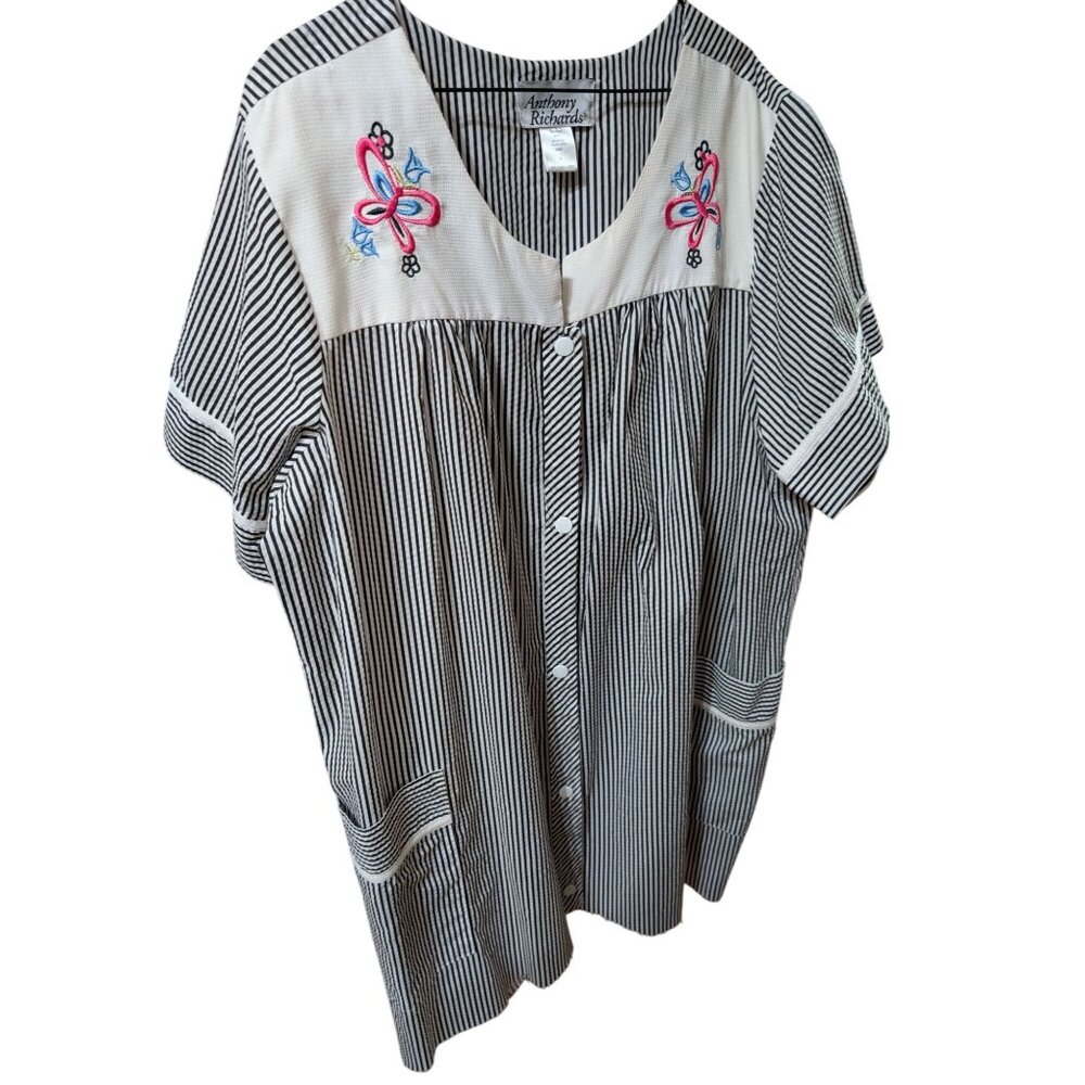 Anthony Richards Embroidered Butterfly Striped Snap Front House Dress 1X